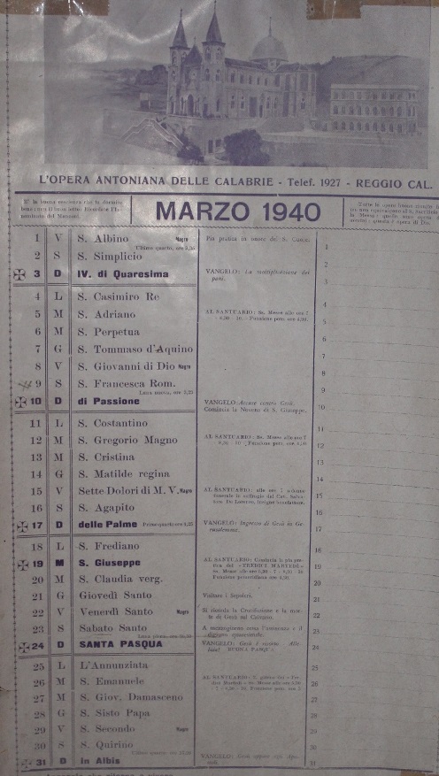 Il Calendario nella cameretta di Don Orione Marzo 1940