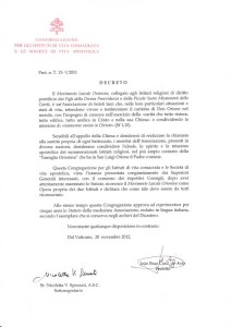 Decreto riconoscimento canonico MLO