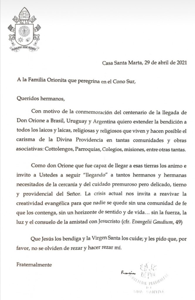 CARTA PAPA FRANCISCO CENTENENARIO